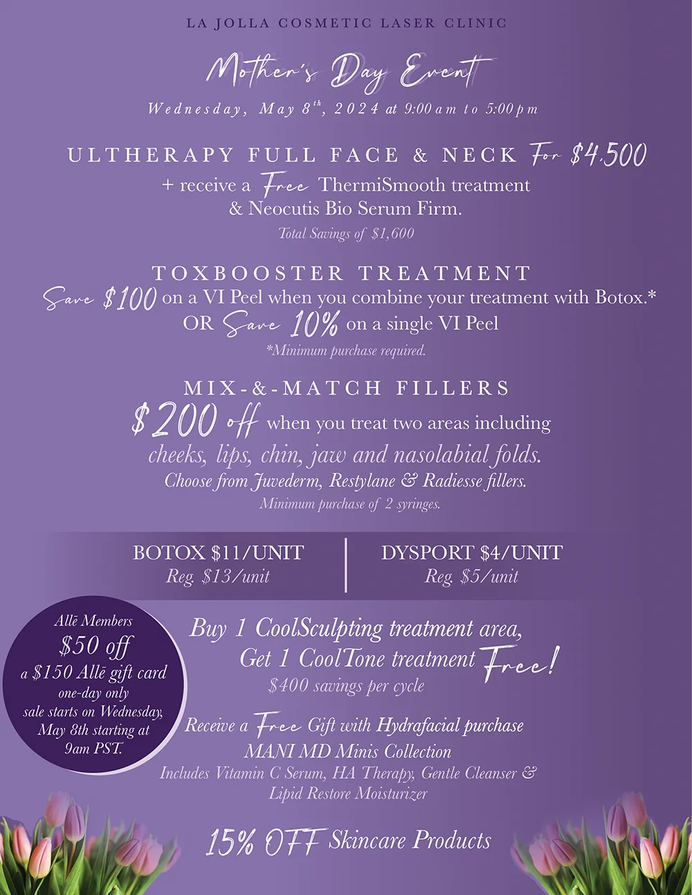 La Jolla Cosmetic Laser Clinic Mother's Day 2024 Pricing Flyer